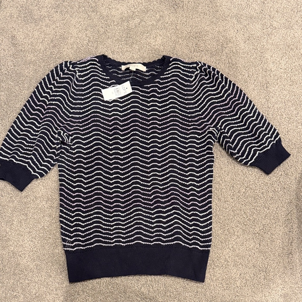 LOFT Navy and White Wave Knit Sweater